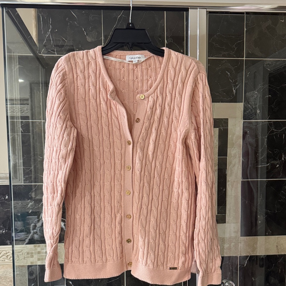 Calvin Klein Soft Pink Cable-Knit Button Front Cardigan